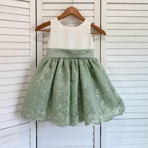 Floral Sage Embroidery Flower Girl Dress: Ivory Bodice, Knee Length