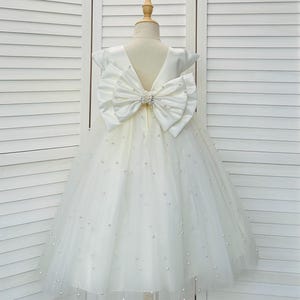 Flower Girl Ivory Pearl Tulle V-Back Ankle Length Bridesmaids Birthday Wedding Toddler Junior Birthday Double Big Bow Chic Trendy Girl Dress