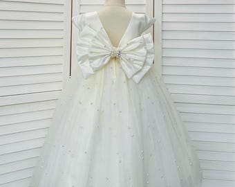 Ivory Pearl Tulle Knee Length Elegant Flower Girl off the Shoulder Summer  Wedding Birthday Pageant Infant Toddler Junior Graduation Dress - Etsy