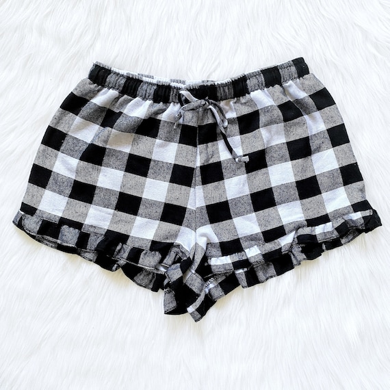 Plaid Shorts Ruffle Trim Pajama PJ Adult Women Sleepwear