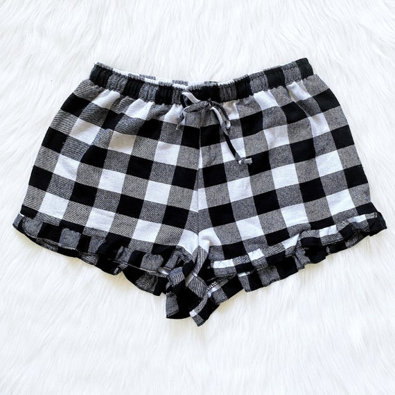 Plaid Shorts Ruffle Trim Pajama PJ Adult Women Sleepwear Bridesmaid  Birthday Sports Christmas Fall Winter Spring Elastic Waistband Holiday 