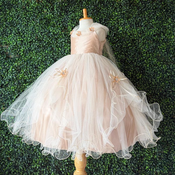 Champagne Tulle Wing Fairy Flower Girl Birthday Ankle Length Toddler Junior Dress