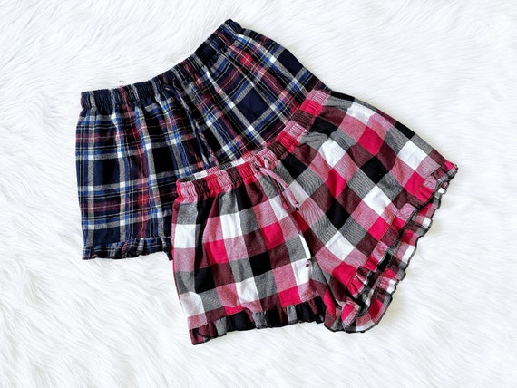 Multi Color Adult Plaid Ruffle Trim PJ Shorts Women Sleepwear