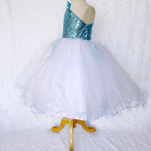 White Tulle Light Blue Sleeveless One Shoulder Mini Sequence  Flower Girl Birthday Party Holiday Spring Summer Pageant Photoshoot Winter