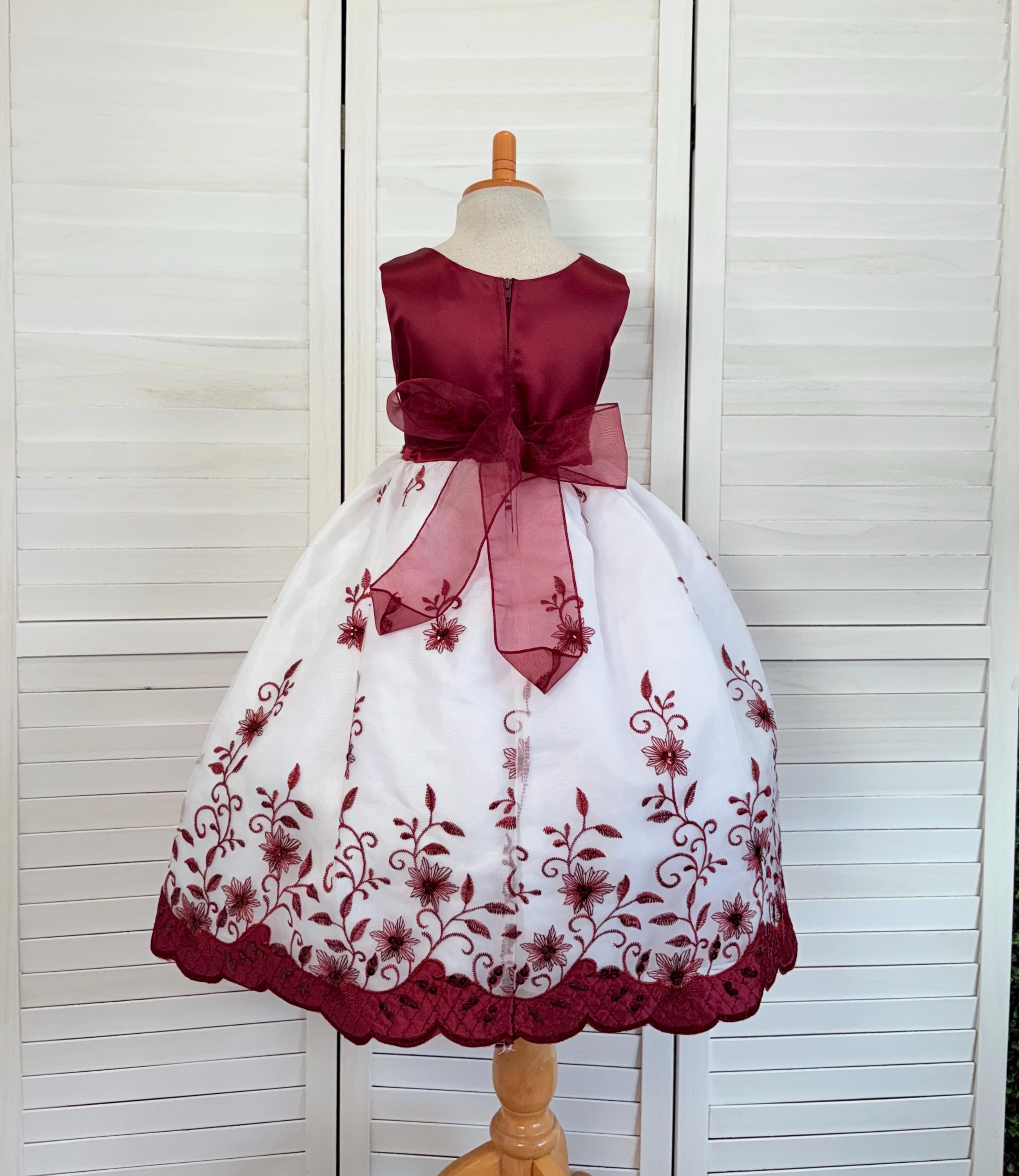 Burgundy Floral Embroidery Flower Girl Dress: Elegant Holiday Gown