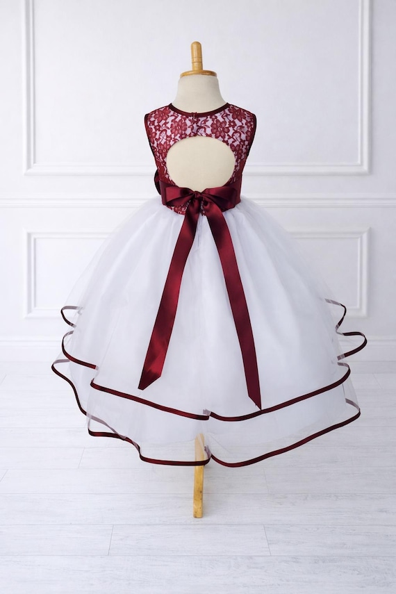 burgundy and white lace dress Flower Girl Burgundy Floral Lace White Tulle Keyhole Back Ankle Length Dress