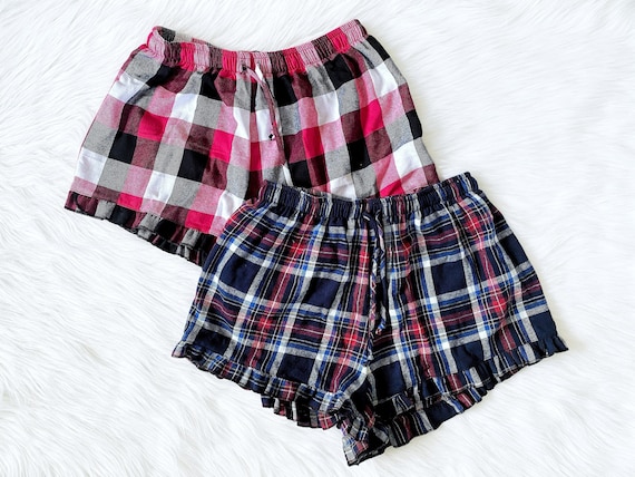 Buffalo Plaid Ruffle Trim Cotton PJ Shorts Adult Women Sleepwear