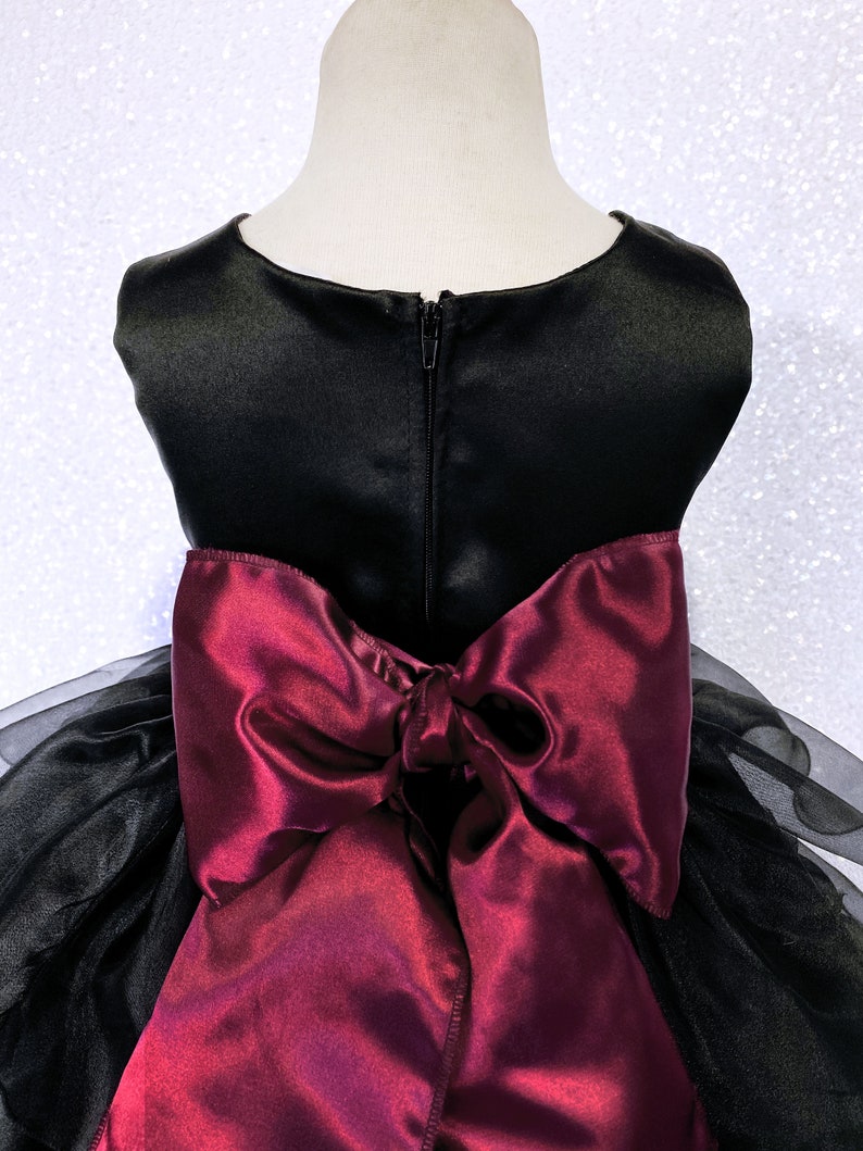 Formal Rustic Sleeveless Black Organza Ruffle Burgundy Satin Sash Gown Toddler Infant Flower Girl Birthday Pageant Christmas Halloween Fall