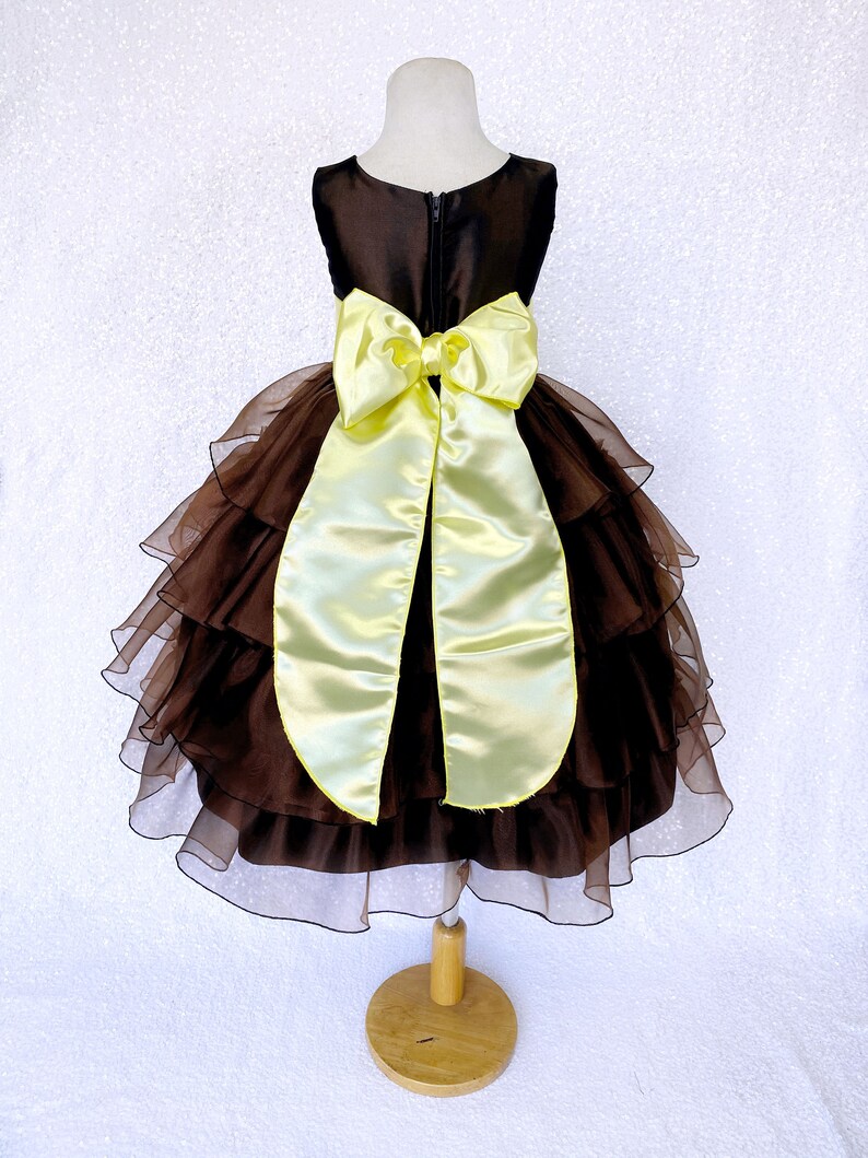 Organza Ruffle Brown Sleeveless Sage Satin Sash Gown Infant Newborn Flower Girl Wedding Birthday Party Graduation Ceremony Fall Spring Chic