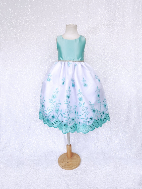 Aqua Satin Floral Embroidery Rhinestone Gown: Flower Girl Dress - Etsy  Israel