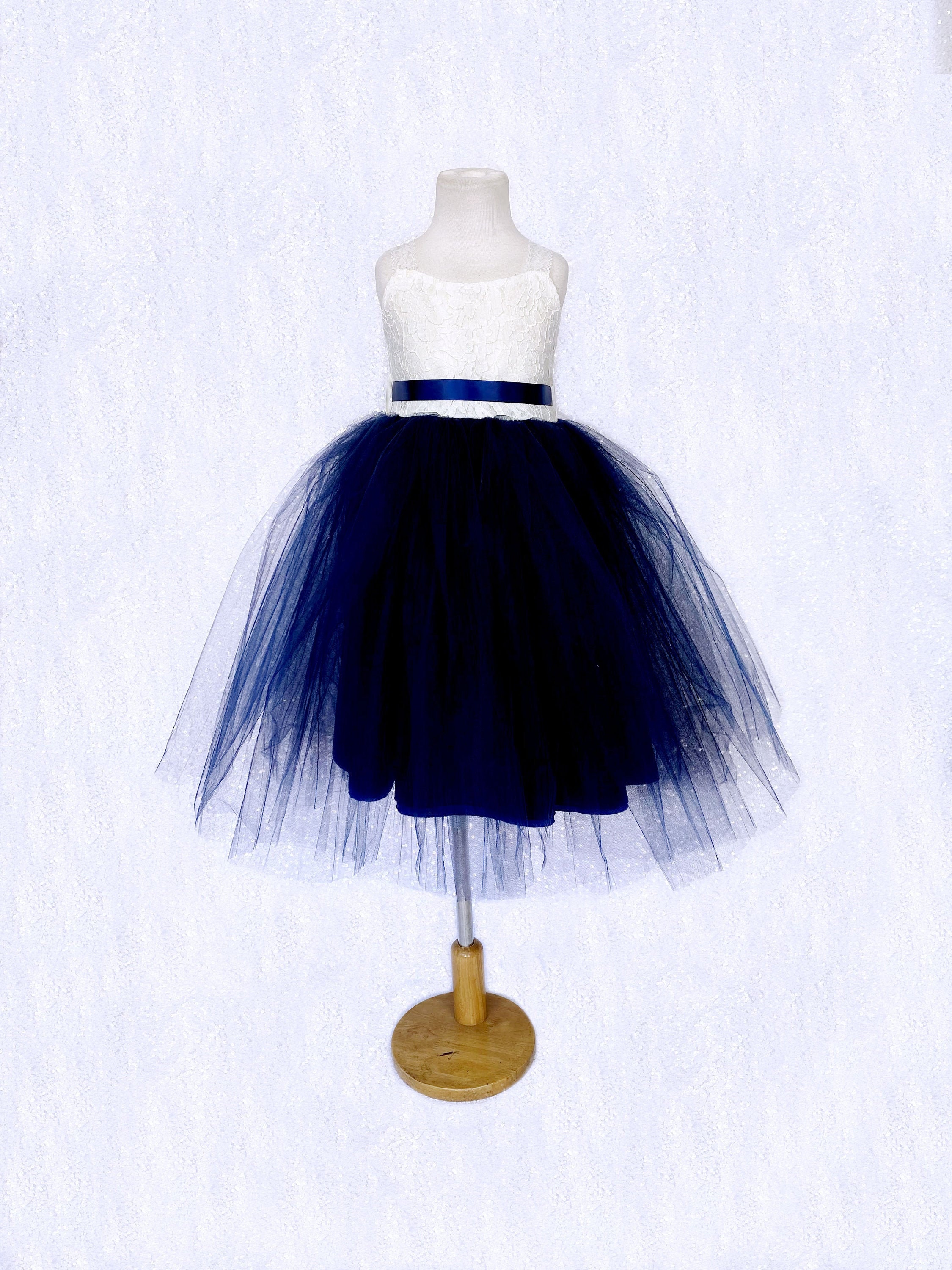 $79 SALE: Ivory Lace Navy Blue Tulle Wedding Flower Girl Dress with V Back main image 1