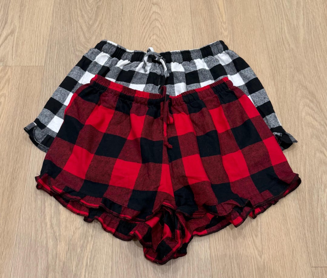 Plaid Cotton Women's Adult Ruffle Trim Buffalo Pajama Shorts