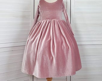 Flower Girl Spring Easter Blush Pink Velvet Ankle Length V-Back Toddler Junior Girl Birthday Smash Cake Pageant Princess Ball Gown Dress
