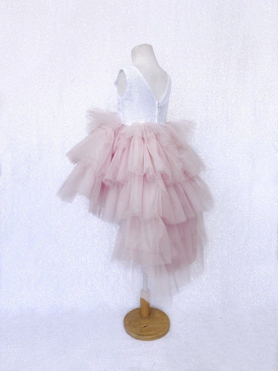 V Back White Mini Sequin Sleeveless Blush Tulle High Low Dress - Etsy