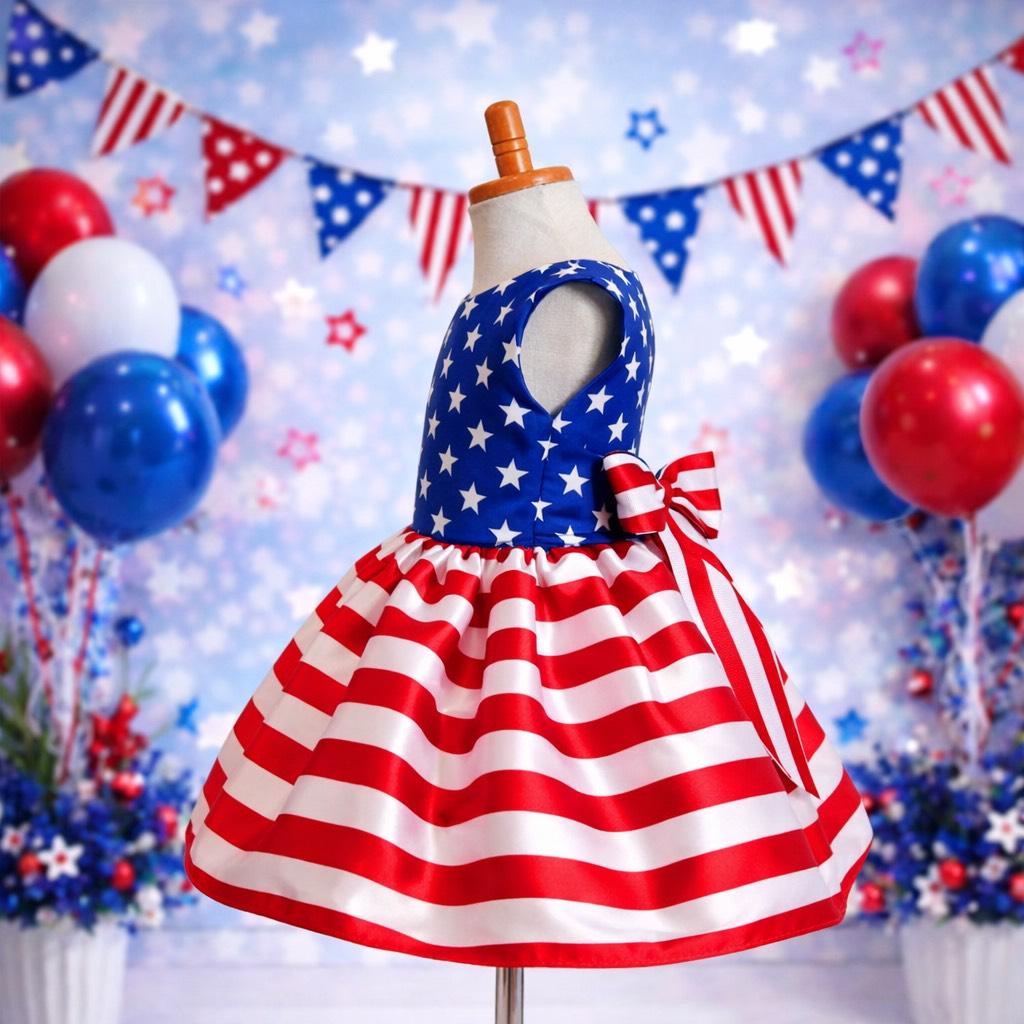 4th of July Patriotic Red, White & Blue Pageant Costume Knee Star Stripes Satin Dress