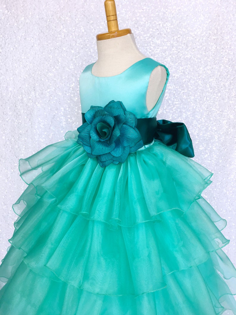 Aqua Organza Ruffle Dress Teal Satin Sash Flower Girl Wedding - Etsy