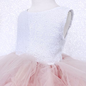 V Back White Mini Sequin Sleeveless Blush Tulle High Low Dress Wedding Flower Girl Bridesmaid Birthday Party Graduation Photoshoot Pageant image 6