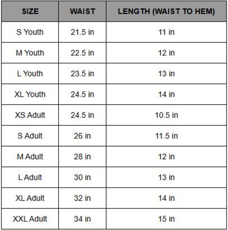 Puede incluir: Tabla de tallas que muestra las medidas de cintura y longitud en pulgadas para tallas de j&oacute;venes y adultos de una prenda.