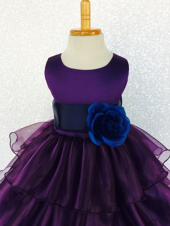 Organza Plum Ruffle Dress Navy Blue Satin Sash Flower Girl Wedding Bridesmaid Party Chic Graduation Junior Toddler Recital Pageant Birthday Etsy UK