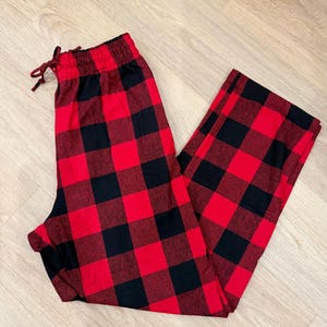 Christmas Matching Plaid Flannel Pajama Pants: Unisex Cotton PJ Bottoms with Pockets Red + Black Plaid