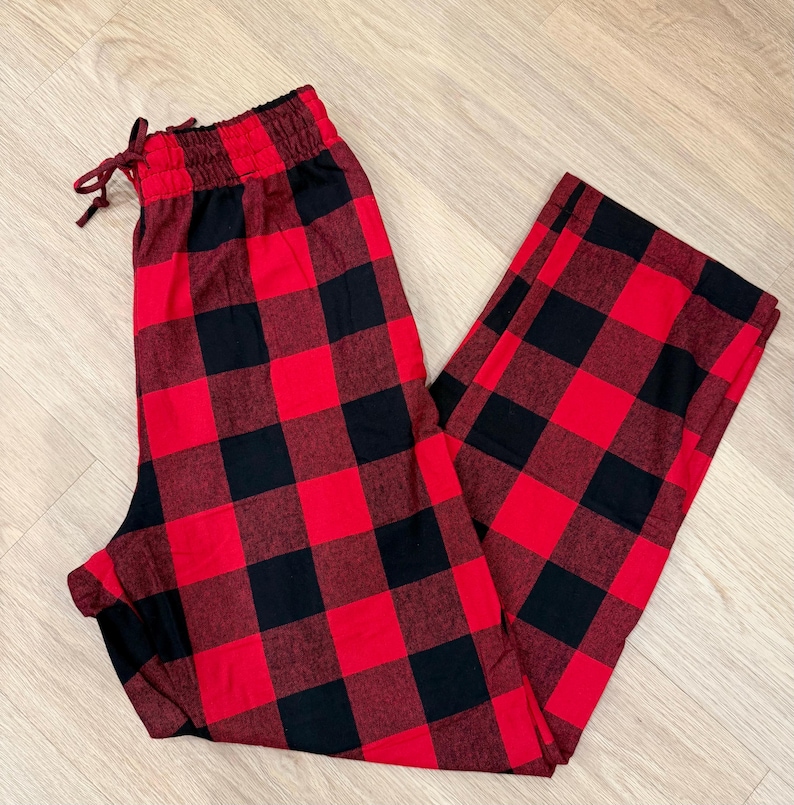 Christmas Matching Plaid Flannel Pajama Pants: Unisex Cotton PJ Bottoms with Pockets Red + Black Plaid
