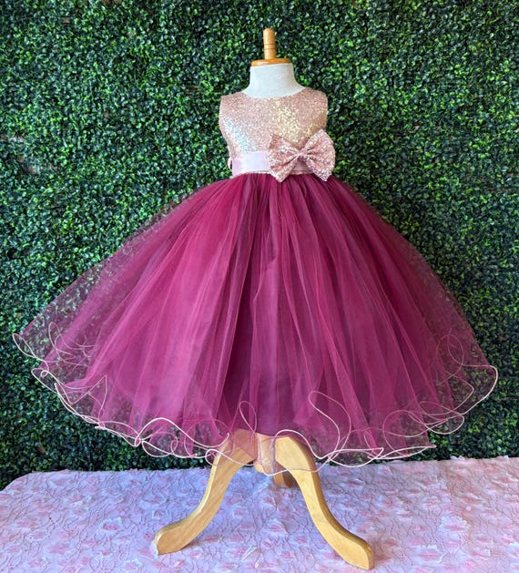 Burgundy Tulle Flower Girl Rose Gold Sequin Ankle Toddler Junior Birthday Dress