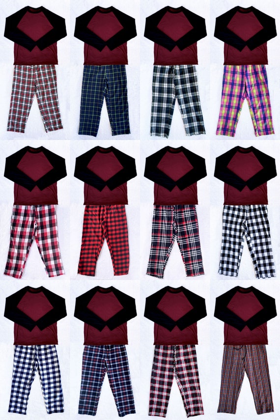 Unisex Adult Pajama Set Plaid Cotton Red Black Burgundy Christmas