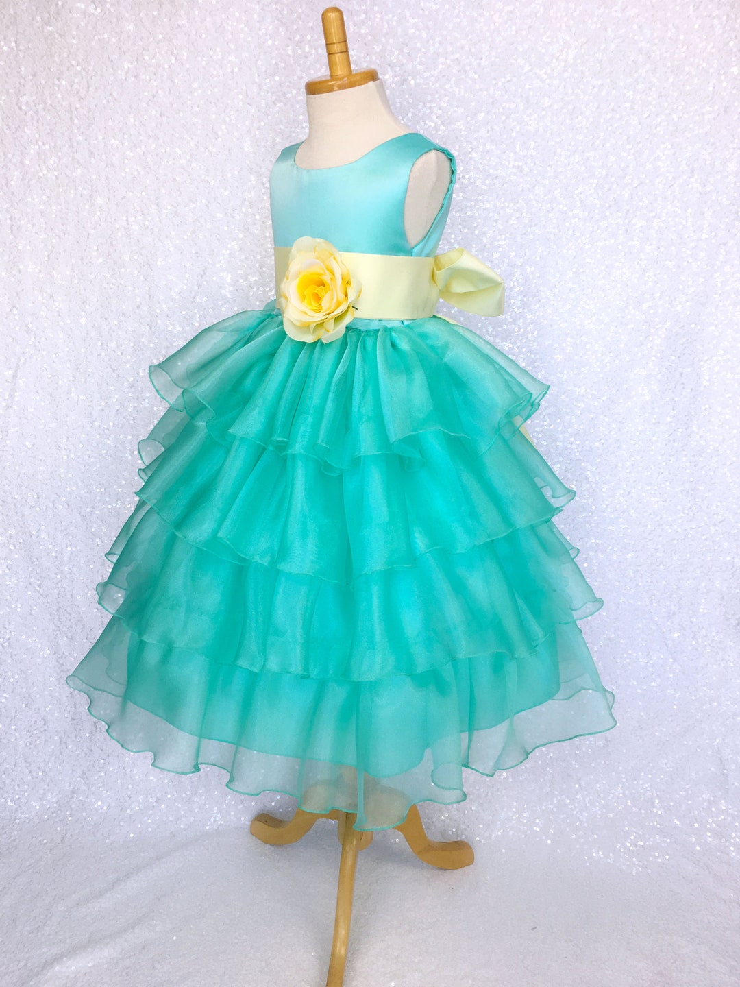 Aqua Sleeveless Organza Ruffle Dress Canary Yellow Satin Sash - Etsy