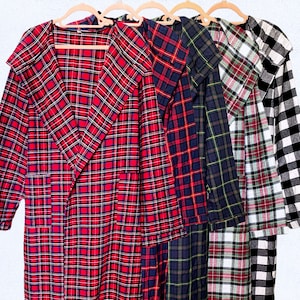 Adult Plaid Robes with Pockets and Hood Multi Colored Red Black White Navy Christmas Gift Birthday Present Wedding Party Family PJs S M L XL