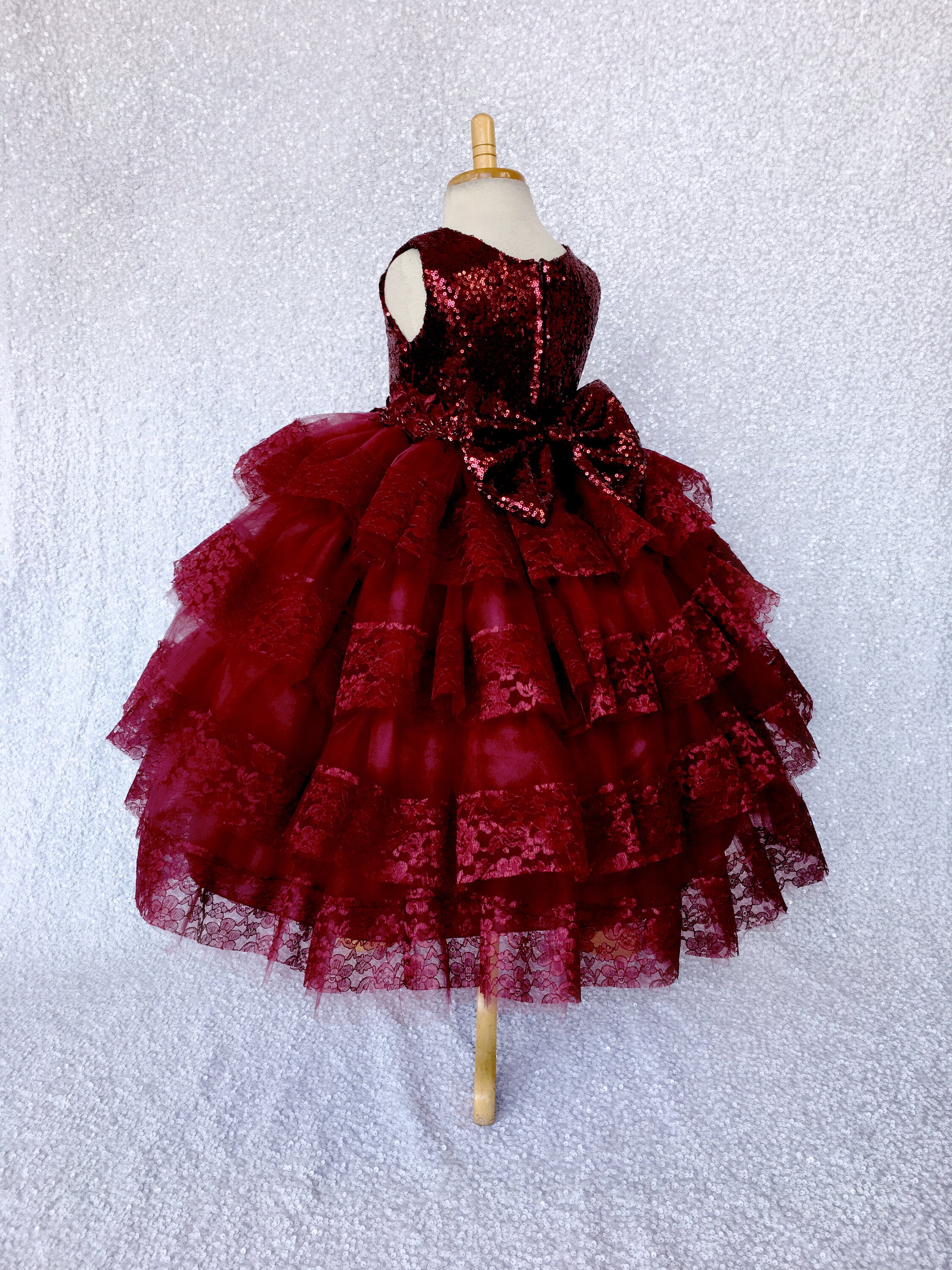 Burgundy Elegant Lace Tulle Ruffle Country Rustic Bridesmaid Flower Girl Wedding Church Sequin Toddler Junior Girl Ankle Length Dress