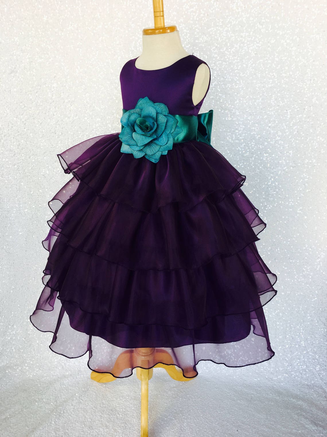 Organza Ruffle Dress w/ Teal Satin Sash Flower Girl Gown image 1
