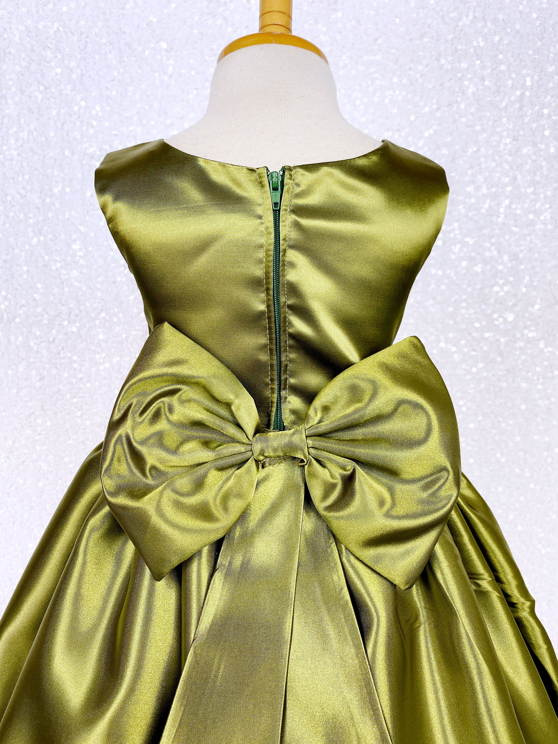 V-Neck Acetate Satin Girl's Dress with Bow Olive Green main image 0