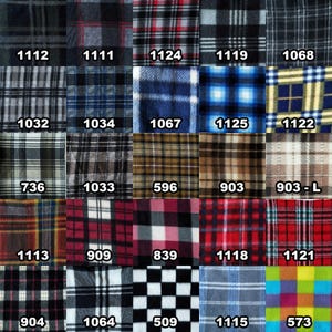 Könnte beinhalten: Eine Sammlung von 20 verschiedenen karierten Fleece-Stoffen in verschiedenen Farben und Mustern, darunter Rot, Blau, Schwarz, Weiß und Braun. Die Stoffe sind in einem Raster angeordnet, wobei sich unter jedem Stoffmuster eine Nummer befindet.