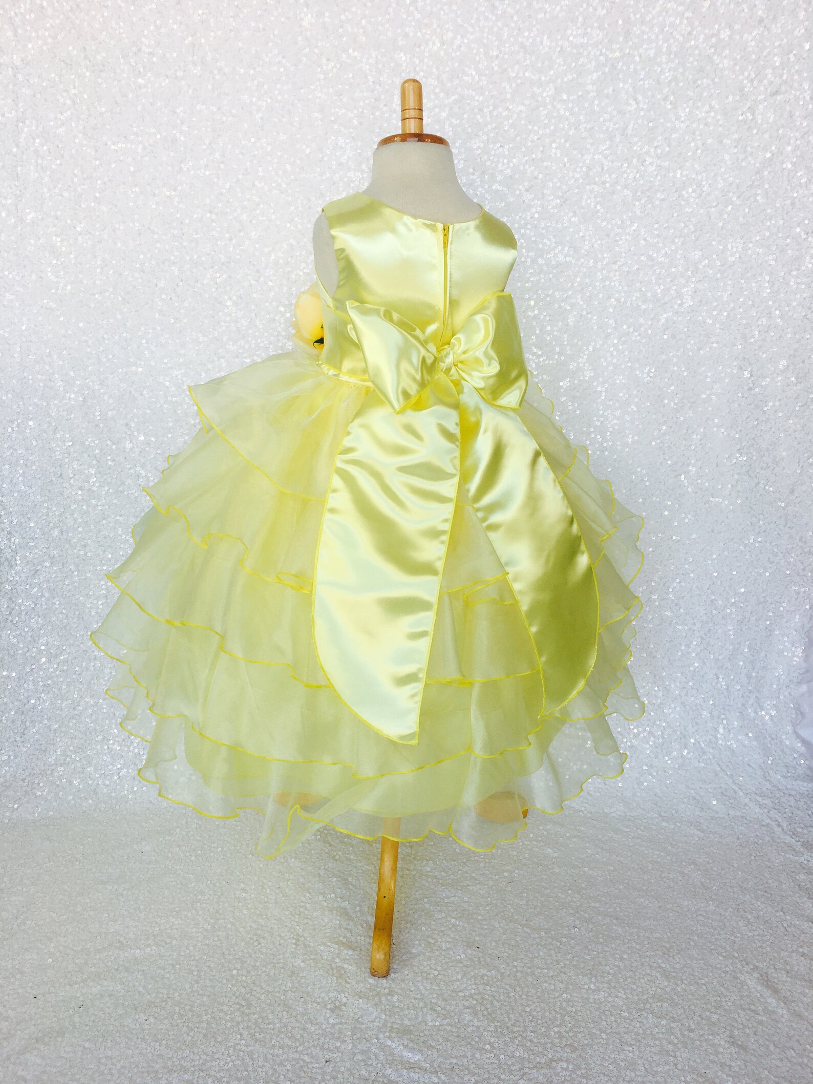Flower Girl Satin Canary Yellow Organza Ruffle Sleeveless Gown | Etsy