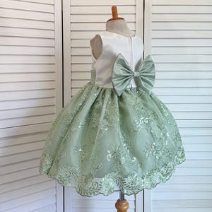 Sage Green Floral Embroidery Flower Girl Dress