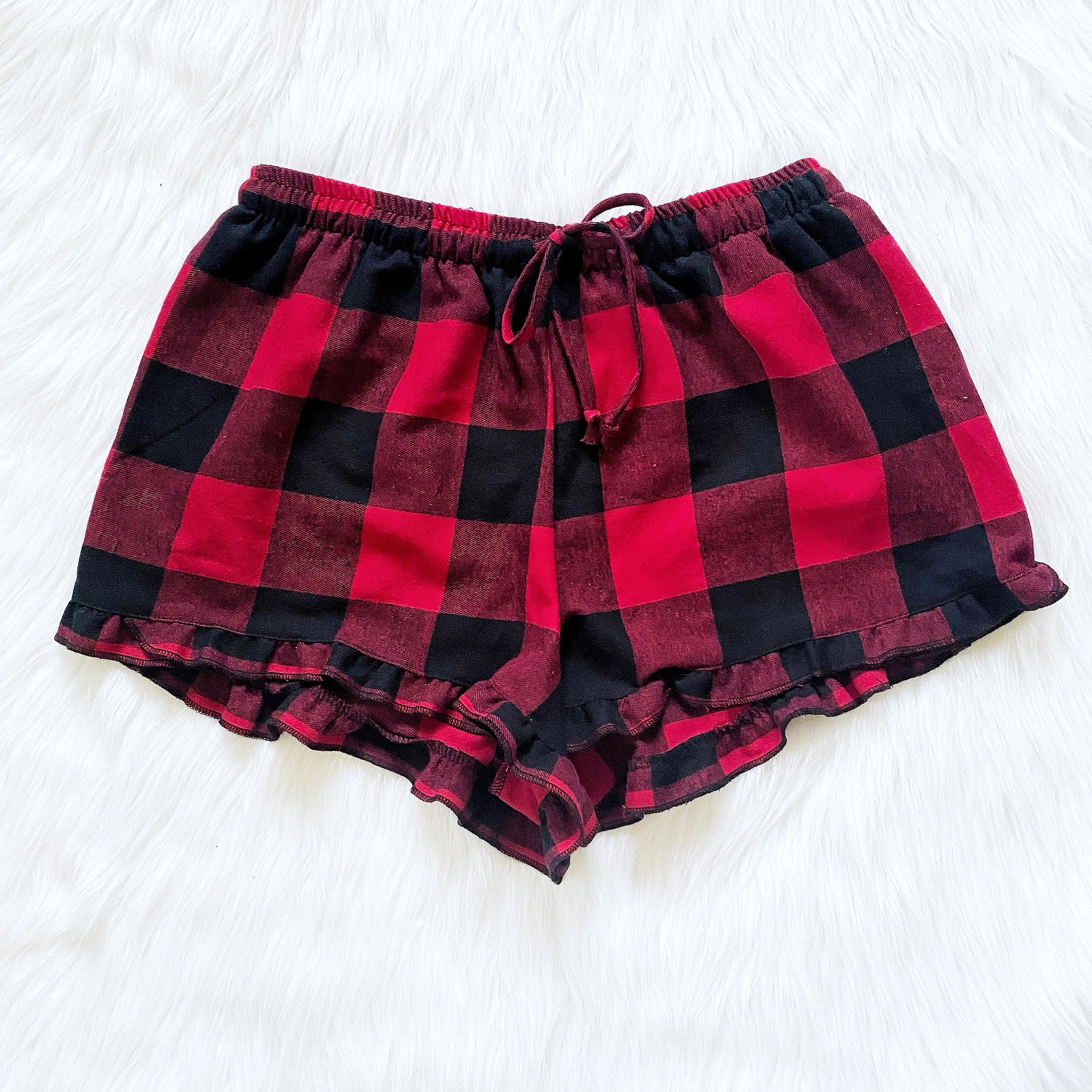 Plaid Shorts Ruffle Trim Pajama PJ Adult Women Sleepwear Bridesmaid  Birthday Sports Christmas Fall Winter Spring Elastic Waistband Holiday 