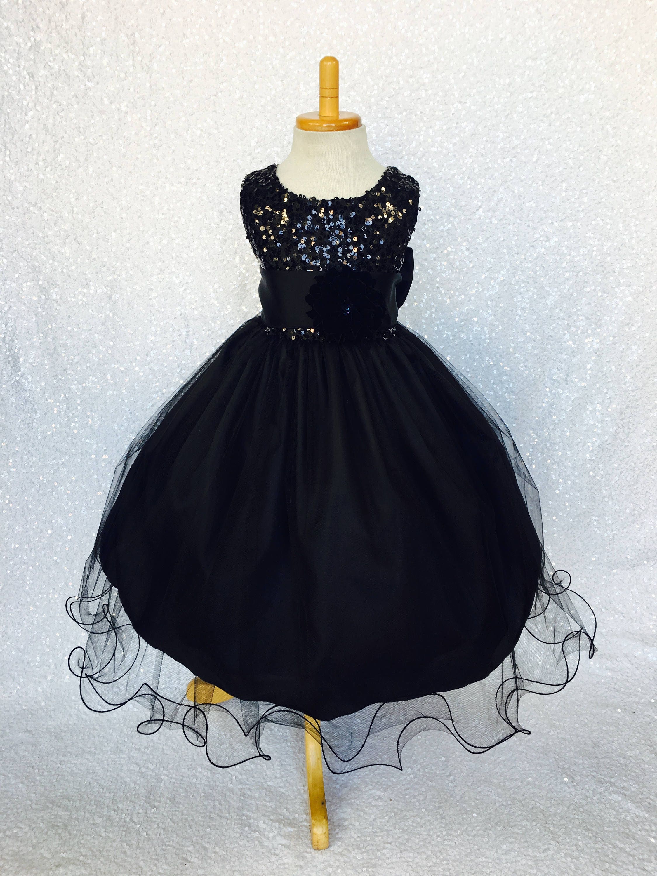 Flower Appliqued Satin Tulle Dress with Sequins Black