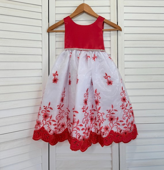 floral christmas dress Red Embroidery Flower Girl Dress: Rhinestone Wedding Velvet dress