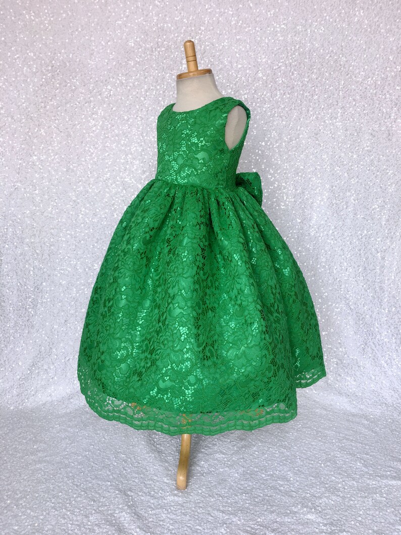 Holiday Spring Christmas Wedding Kelly Green French Lace Gown Bow Birthday Junior Toddler Easter Summer Holiday Pageant Photoshoot 2 4 6 8 image 5