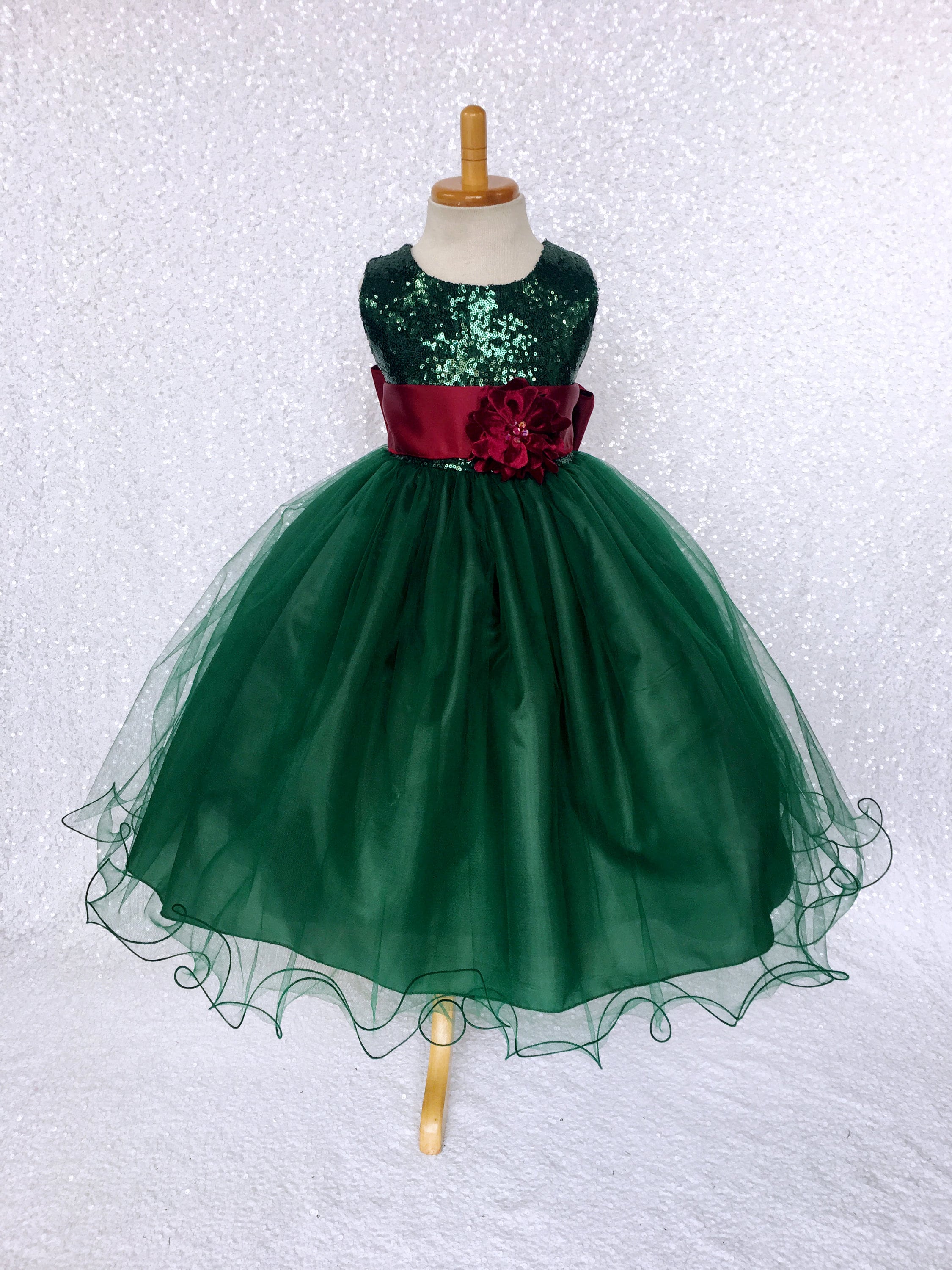 Christmas Elegant Dress Tulle Hunter Green Sequin Sash | Etsy
