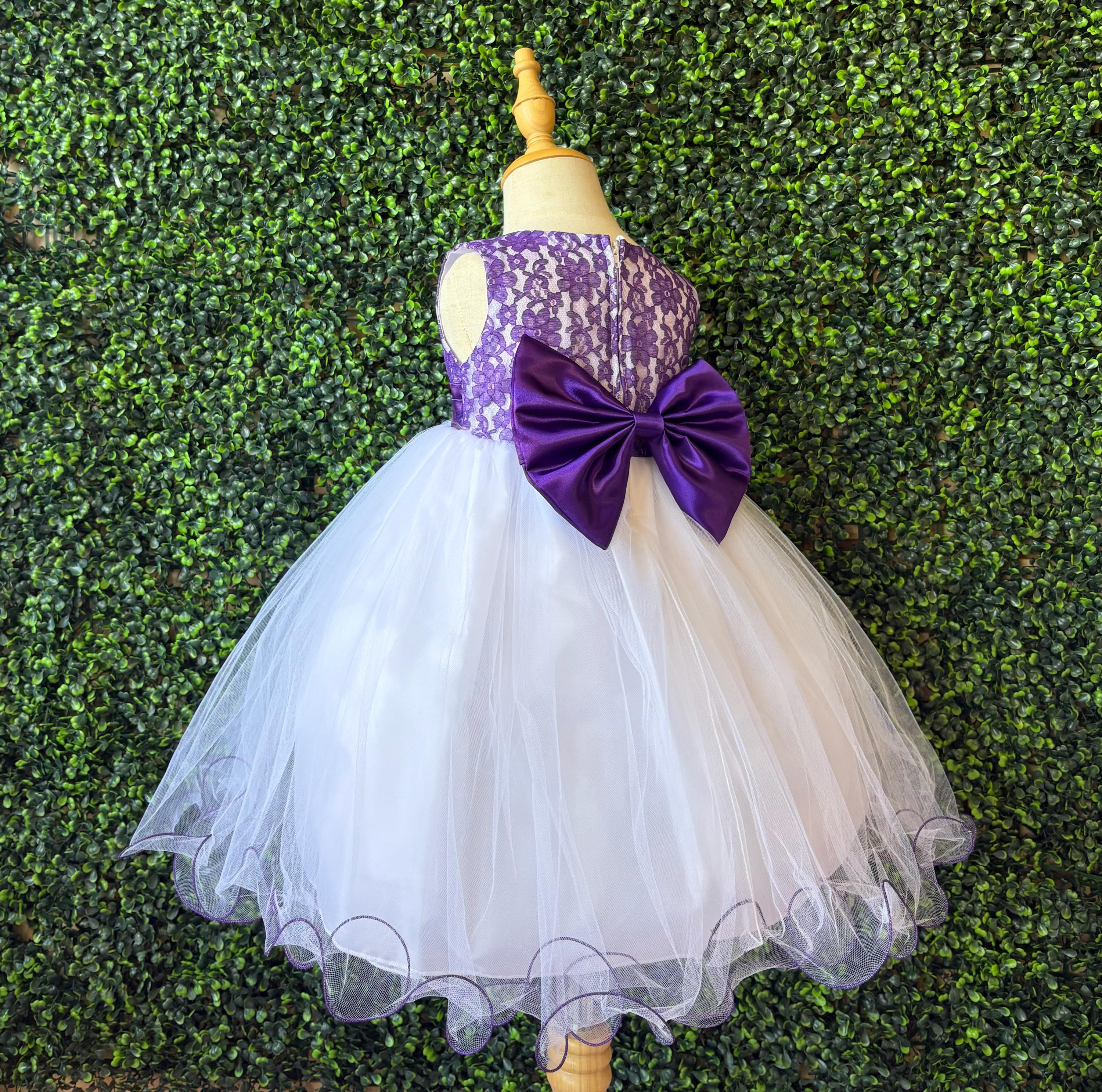 Flower Girl Purple Lace White Tulle Knee Length Toddler Junior Sleeves Dress