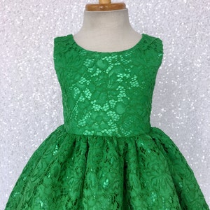 Holiday Spring Christmas Wedding Kelly Green French Lace Gown Bow Birthday Junior Toddler Easter Summer Holiday Pageant Photoshoot 2 4 6 8 image 8