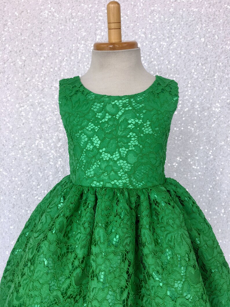 Holiday Spring Christmas Wedding Kelly Green French Lace Gown Bow Birthday Junior Toddler Easter Summer Holiday Pageant Photoshoot 2 4 6 8 image 8