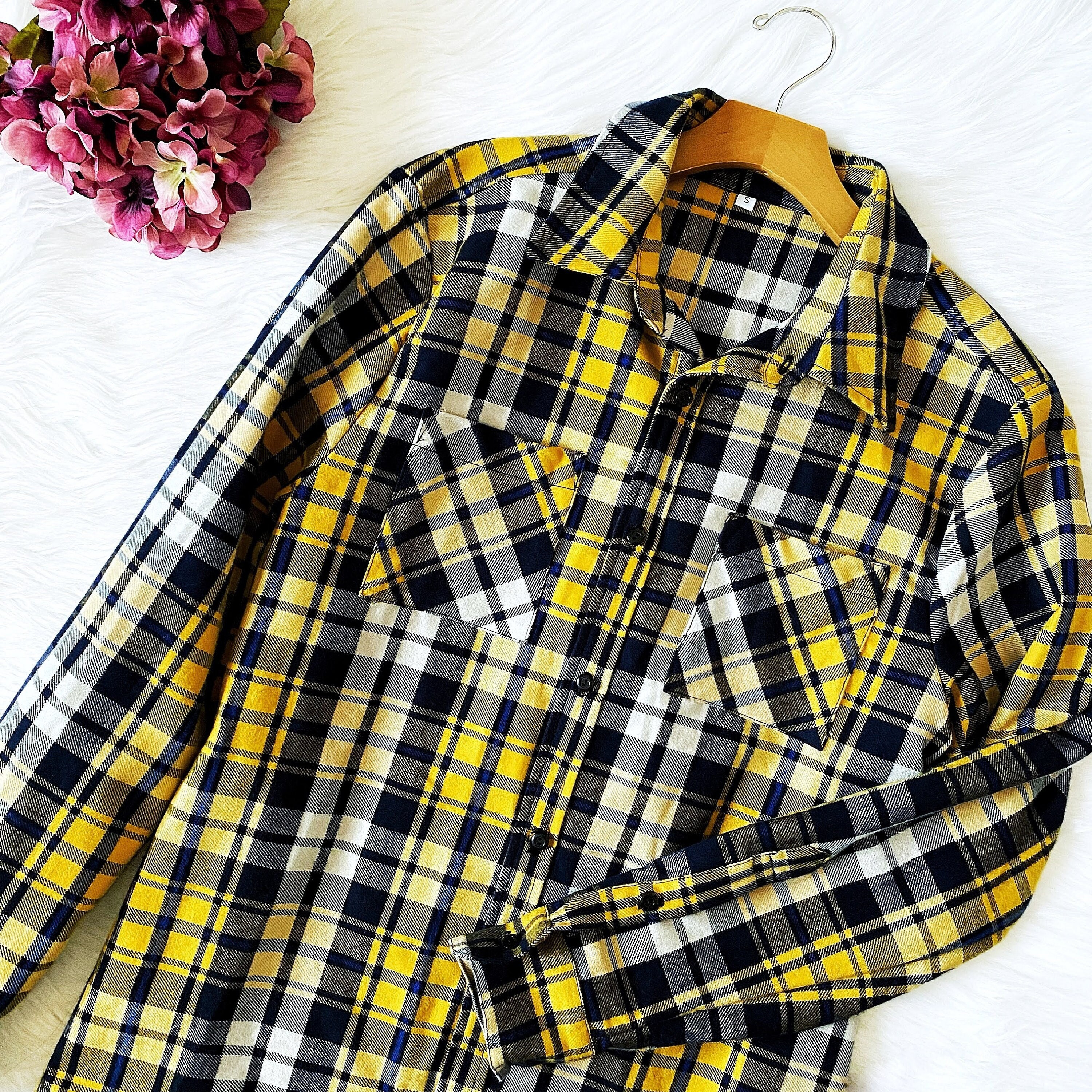 Yellow White Navy Buffalo Plaid Flannel Shirt Unisex Long Etsy