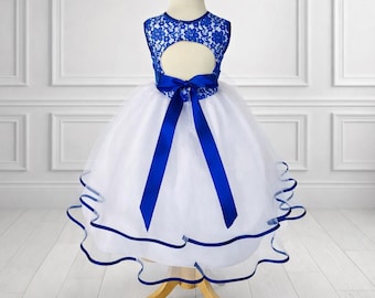 Flower Girl Royal Blue Floral Lace Tulle Keyhole Back Ankle Length Toddler Junior Dress