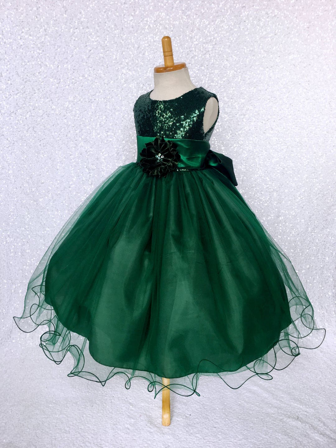 Chic Formal Hunter Green Sequence Fishing Line 2 Layer Gown Satin Sash ...