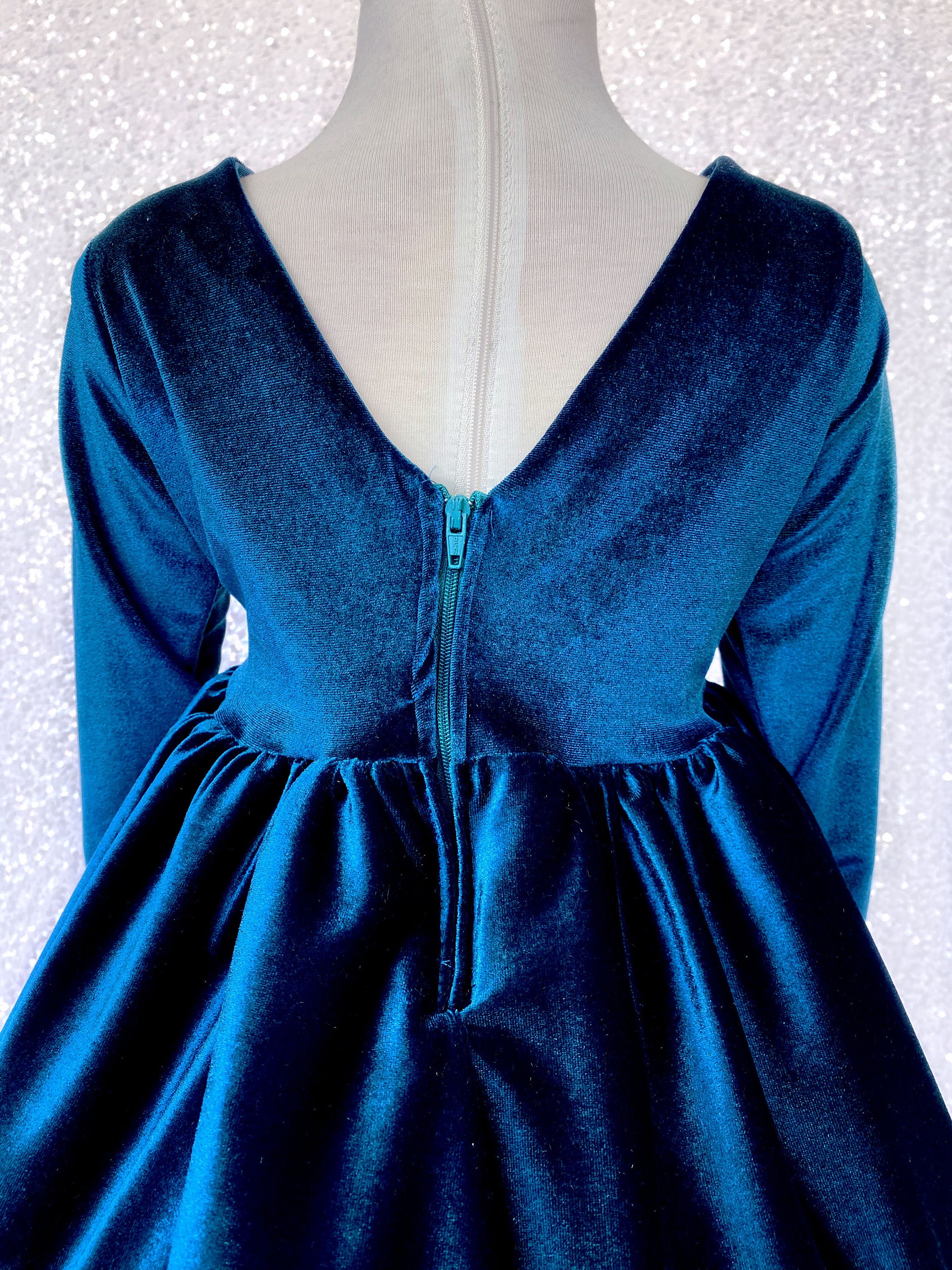 Peacock blue velvet dress clearance
