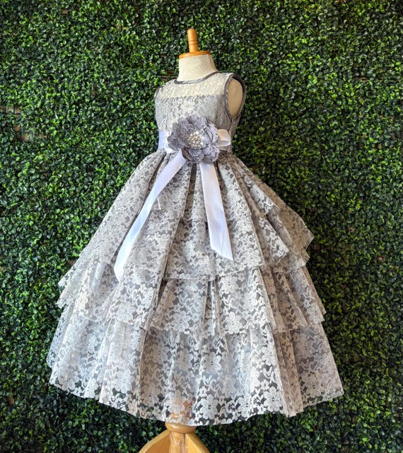 charcoal grey lace dress Classic Ruffle Gray Flower Girl Bridesmaids Toddler Junior Ankle nakd fashion