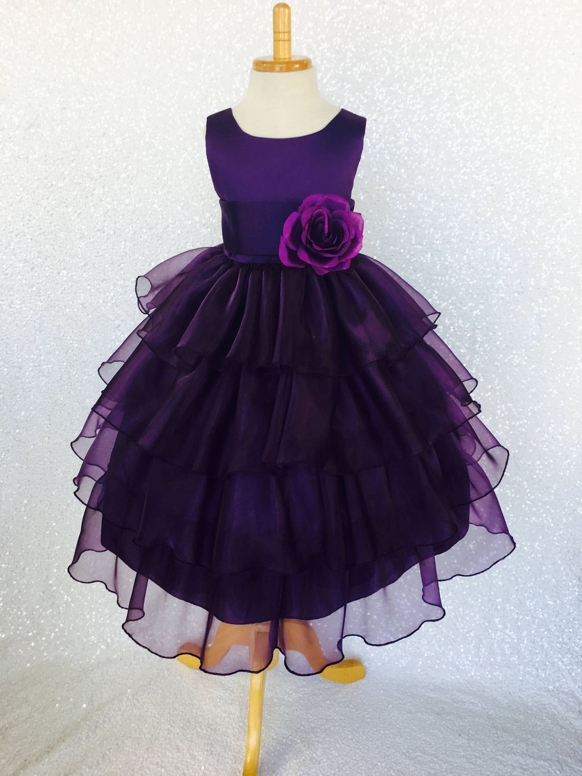 Organza Ruffle Dress w/ Plum Satin Sash Flower Girl Gown | Etsy