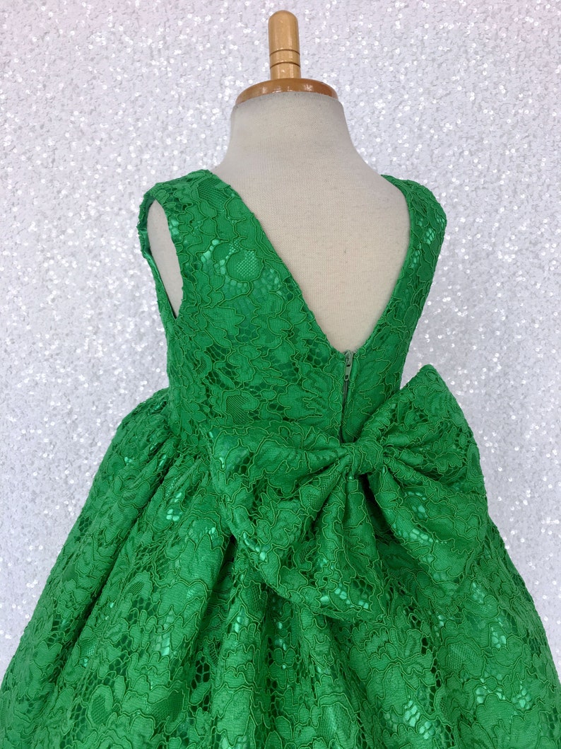 Holiday Spring Christmas Wedding Kelly Green French Lace Gown Bow Birthday Junior Toddler Easter Summer Holiday Pageant Photoshoot 2 4 6 8 image 1